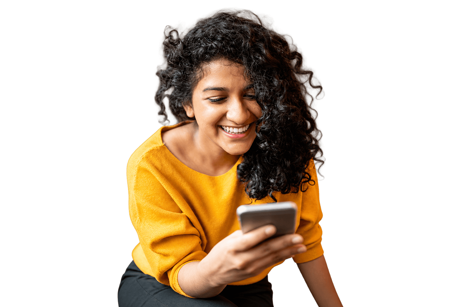 A smiling marketer responding to a customer on her phone